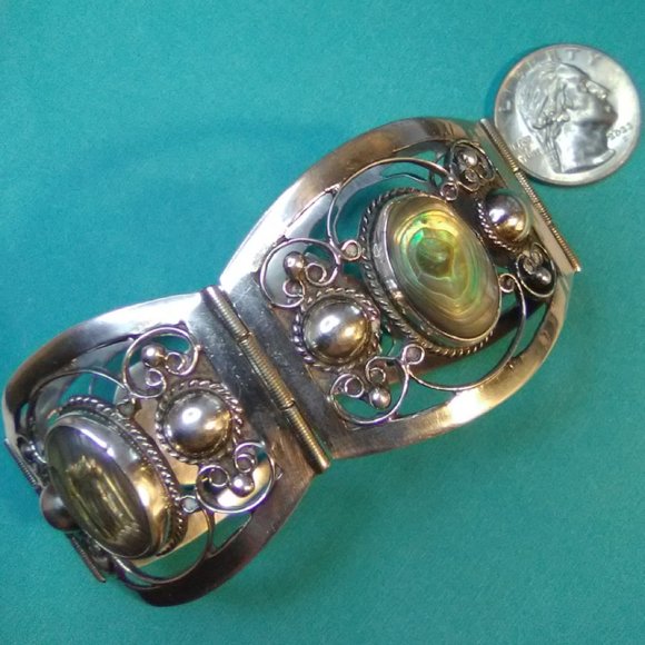 Vintage Sterling Silver Abalone Panel Wide Ornate Bracelet 925 - Picture 2 of 9